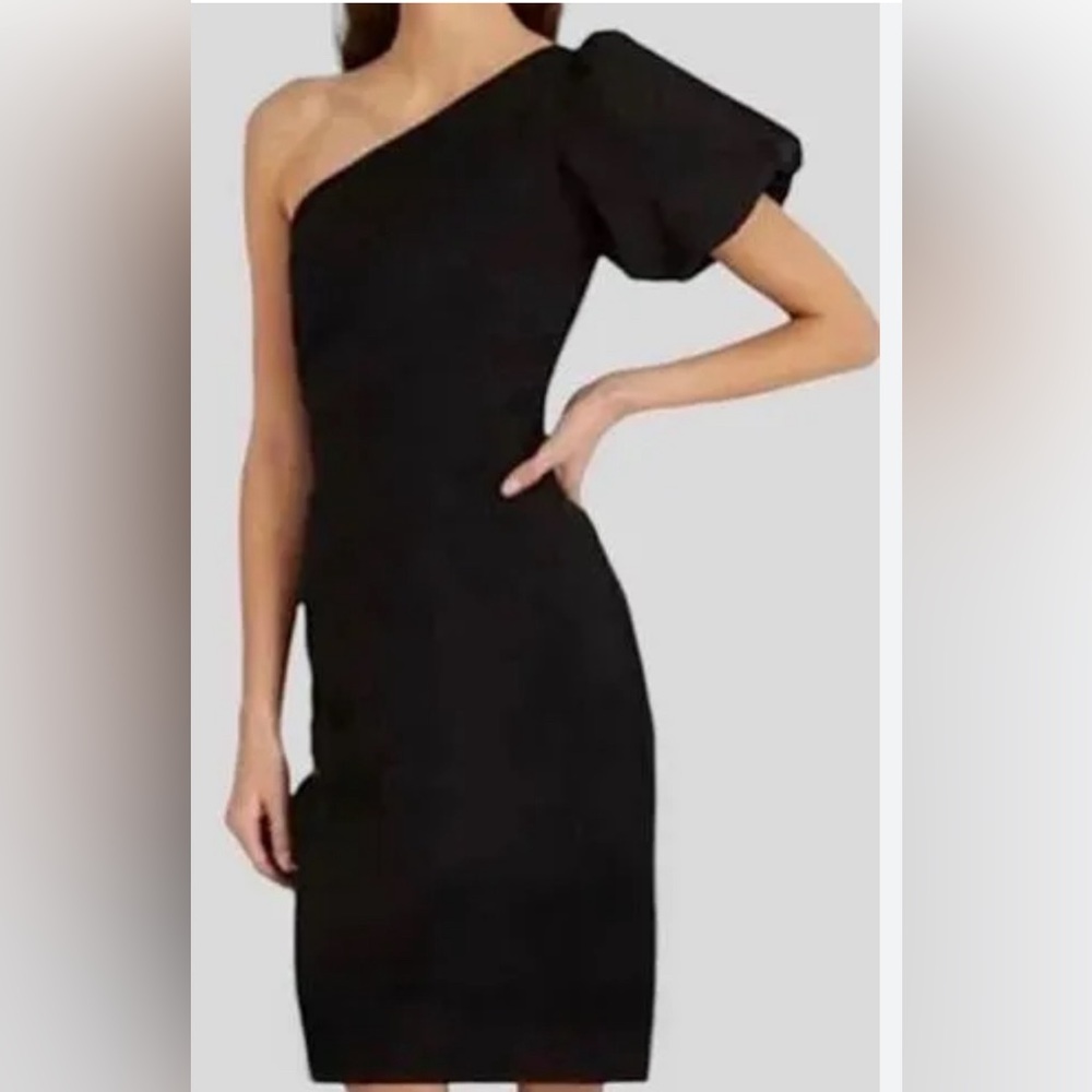 VICI One Shoulder Black Puff Sleeve Ribbed Knit Bodycon Midi Dress